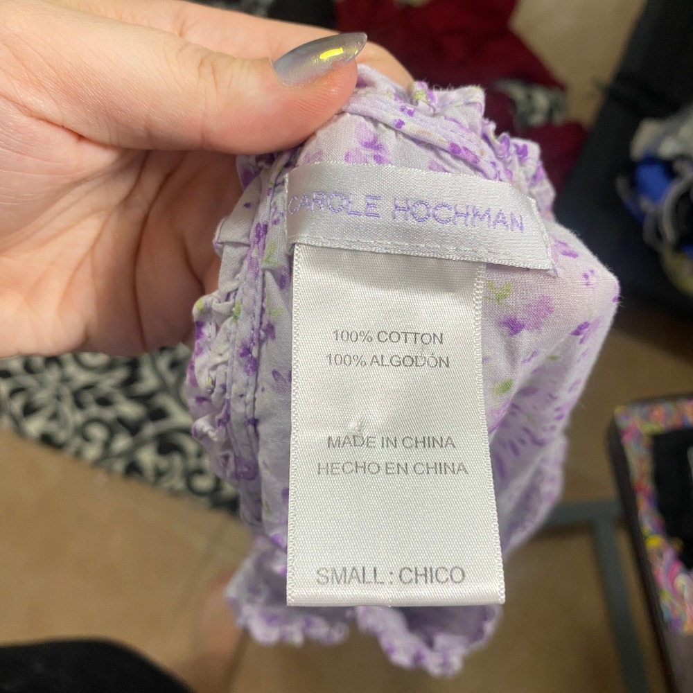 Carole Hochman Small 100% Cotton Purple Ruffle Floral Print Henley PJ Dress - Picture 5 of 7